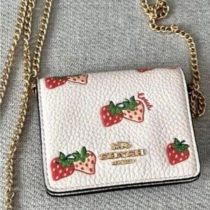 Coach White with Strawberry Design and Gold Chain Mini Crossbody Bag NWOT